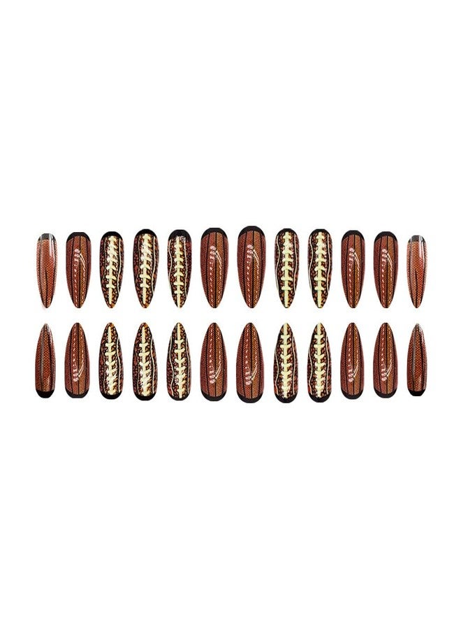 Sevgob Baseball Press on Nails Medium Almond Fake Nails Brown False Nails with Rugby Design Glossy Fall Nails Coffee Summer Nails Reusable Acrylic Nails Press on for Women Girls Manicure 24pcs - Image 4